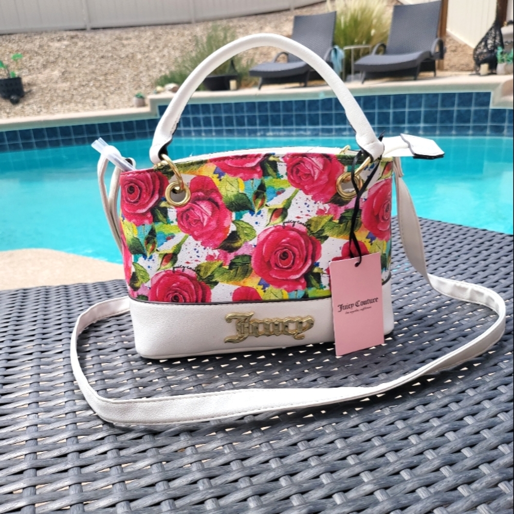 New Juicy Couture White Floral Multi Rose Sweet Fantasy Satchel Purse Bag
